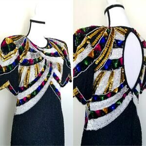 Vintage 90s Deadstock 100% Silk Sequins Dress Scalloped Hems Size Small